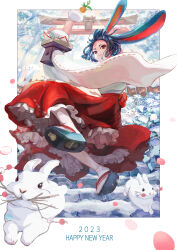  1girl 2023 :3 absurdres animal_ears black_hair carrot chinese_zodiac eyeshadow floating_clothes floating_hair hakama hakama_skirt happy_new_year highres holding inset_border japanese_clothes kagami_mochi makeup miko nakauma new_year okobo original outdoors rabbit rabbit_ears red_eyes red_eyeshadow red_hakama sandals short_eyebrows short_hair skirt sleeves_past_fingers sleeves_past_wrists socks solo stairs stone_stairs torii white_socks wide_sleeves year_of_the_rabbit 