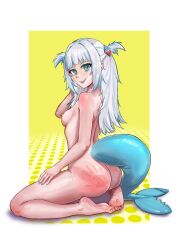  1girl ass barefoot blue_eyes breasts completely_nude feet fins fish_tail gawr_gura grey_hair hair_ornament handprint heart highres hololive hololive_english legs long_hair looking_at_viewer looking_back mikexyil nail_polish nipples nude shark_girl shark_hair_ornament shark_tail sharp_teeth simple_background slap_mark small_breasts smile soles solo tail tan tanline teeth toes two_side_up virtual_youtuber 