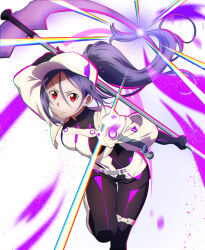  1girl absurdres alternate_costume arms_behind_back black_bodysuit black_shorts bodysuit bodysuit_under_clothes breasts closed_mouth commentary_request cropped_jacket foot_out_of_frame glowing glowing_weapon hair_between_eyes hair_ornament hat highres holding holding_scythe holding_weapon jacket leaning_forward leg_up long_hair looking_at_viewer medium_breasts mito_(sao) multicolored_bodysuit multicolored_clothes multicolored_shorts nuguri444 open_clothes open_jacket ponytail purple_bodysuit purple_hair purple_hat purple_shorts red_eyes scythe shorts sidelocks simple_background sleeves_rolled_up smile solo sword_art_online sword_art_online_progressive thigh_strap two-tone_hat weapon white_background white_bodysuit white_footwear white_hat white_jacket white_shorts x_hair_ornament 
