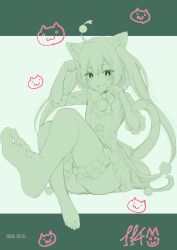  1girl animal_ears barefoot blush cat_ears cat_tail feet hatsune_miku highres long_hair looking_at_viewer monochrome open_mouth project_sekai saki_chisuzu soles tail toes twintails vocaloid 