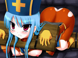 1girl angry ass bdsm blue_hair blush bodysuit bondage boots bound bound_legs chunsoft clenched_teeth dragon_quest dragon_quest_iii enix gloves hat latex long_hair nipples pillory priest_(dq3) red_eyes stocks sweat tears teeth torn_clothes trubka rating:Explicit score:26 user:Tollhouse