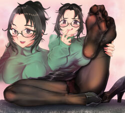  1girl absurdres ana_xenakis black_hair feet foot_focus glasses grief_(series) highres licking_lips long_hair looking_at_viewer miniskirt panties panties_under_pantyhose pantyhose pantyshot ponytail shoes unworn_shoes skirt soles steam toes tongue tongue_out translated turtleneck underwear ushihashiru  rating:Questionable score:59 user:feetlover6996