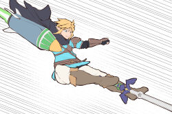  1boy blonde_hair blue_eyes boots cape clenched_hand fingerless_gloves fuse_(zelda) gloves hood hooded_cape kamen_rider kamen_rider_fourze_(series) link male_focus master_sword nintendo pointy_ears rider_kick rocket speed_lines the_legend_of_zelda the_legend_of_zelda:_tears_of_the_kingdom tokihanatareshi zonai_device 