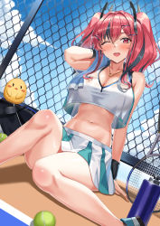 1girl absurdres arm_up azur_lane bag ball bare_shoulders bird bottle bow breasts bremerton_(azur_lane) bremerton_(scorching-hot_training)_(azur_lane) chain-link_fence chick cleavage crop_top crop_top_overhang dutch_angle fence grey_hair hair_between_eyes hair_bow hair_ornament hairclip heart heart_necklace highres holding jewelry knee_up large_breasts long_hair looking_at_viewer midriff miniskirt mole mole_under_eye multicolored_hair navel necklace one_eye_closed open_mouth pink_eyes pink_hair pleated_skirt racket red_eyes red_hair shirt shocho sitting skirt sleeveless sleeveless_shirt smile solo sportswear stomach streaked_hair sweat sweatband tennis_ball tennis_racket tennis_uniform thighs towel twintails two-tone_hair two-tone_shirt white_shirt x_hair_ornament rating:Sensitive score:28 user:danbooru