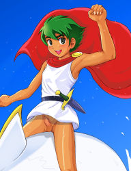  1boy belt blue_sky blush bottomless cape dagger erection foreskin green_hair knife looking_at_viewer male_focus open_mouth outdoors penis shirt short_hair shota sky sleeveless sleeveless_shirt solo takenokoya testicles triton umi_no_triton weapon 