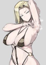  1girl android_18 anegawa_eiji bikini blonde_hair breasts cleavage dragon_ball dragonball_z expressionless hand_up highres large_breasts shiny_skin solo standing swimsuit  rating:Questionable score:45 user:jojosstand