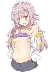  1girl bare_shoulders black_shorts blush breasts casual clothes_lift collarbone commentary_request cowboy_shot fang grey_hair hair_between_eyes hair_intakes hair_ornament hairclip hands_up highres jacket jewelry jitome kinoshita_kaede lifting_own_clothes long_hair long_sleeves looking_at_viewer medium_breasts navel necklace no_bra official_alternate_costume open_clothes open_jacket open_mouth purple_shirt raised_eyebrows red_eyes shirt shirt_lift shorts shy simple_background skin_fang sleeveless sleeveless_shirt solo stomach tenshi_souzou_re-boot! thick_eyebrows underboob upturned_eyes very_long_hair white_background white_jacket yukichi_(nyarome-busters) 