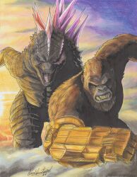 2024 2boys absurdres angry ape b.e.a.s.t._glove commission crossover fang gauntlets godzilla godzilla_(series) godzilla_evolved godzilla_x_kong:_the_new_empire highres jumping kaijuu king_kong king_kong_(series) legendary_pictures looking_at_viewer monsterverse multiple_boys no_humans open_mouth ravernclouk_design sharp_teeth sunset teeth toho traditional_media weapon