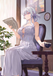  1girl bare_shoulders blue_scrunchie breasts cattleya_(hijiri_kishi_sonia-san) chair cleavage_cutout clothing_cutout cup curtains drawing_(object) dress flower_pot folded_hair frills highres holding holding_cup holding_newspaper indoors large_breasts mashuu_(neko_no_oyashiro) newspaper original picture_frame plant potted_plant purple_eyes scrunchie solo strapless strapless_dress table teacup white_dress white_hair wooden_table 