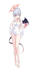  1girl absurdres bare_arms bare_legs bare_shoulders barefoot black_tail black_wings blue_archive braid breasts cleavage closed_mouth collarbone demon_tail demon_wings food full_body grey_hair hair_between_eyes halo haruna_(blue_archive) highres holding holding_food large_breasts one-piece_swimsuit one_eye_closed parfait red_eyes red_halo short_hair side_braid simple_background single_wing smile solo swimsuit tail toshizou_(0714) white_background white_one-piece_swimsuit wings 