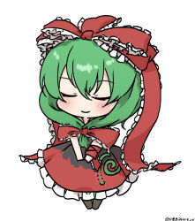  1girl absurdres arm_ribbon artist_name bow chibi dress frilled_dress frills front_ponytail full_body hair_bow hair_ribbon highres kagiyama_hina one-hour_drawing_challenge red_bow red_dress red_ribbon ribbon simple_background smile solo touhou ve1024 white_background 