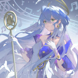 1girl aqua_eyes bare_shoulders closed_mouth detached_sleeves dress earrings facial_mark floating_hair gloves hair_between_eyes halo hand_on_own_chest head_wings highres holding holding_staff honkai:_star_rail honkai_(series) jewelry lin_zhi_mao long_hair looking_at_viewer musical_note purple_dress robin_(honkai:_star_rail) short_sleeves smile solo staff two-tone_dress upper_body white_dress white_gloves white_wings wings 
