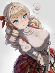  1girl arms_under_breasts blonde_hair blue_eyes blush bow braid breasts closed_mouth cowboy_shot dress drill_hair eyelashes frilled_dress frills from_above gauntlets grey_background hair_between_eyes hair_bow hair_ornament half_updo isome large_breasts long_hair looking_at_viewer nose_blush pout puffy_sleeves quad_drills ribbed_sweater scarlett_(unicorn_overlord) simple_background solo spoken_squiggle squiggle sweater turtleneck turtleneck_sweater unicorn_overlord v-shaped_eyebrows vambraces 