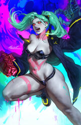  1girl aleriia_v angry bikini black_bikini black_hairband black_jacket black_panties bra breasts cleavage colored_sclera colored_skin cyberpunk cyberpunk_(series) cyberpunk_edgerunners cyborg dripping fang fangs green_hair hairband highres jacket large_hands lipstick makeup mechanical_hands mechanical_parts navel neck_tattoo neon_lights open_clothes open_jacket open_mouth paint pale_skin panties pink_tattoo purple_lips rebecca_(cyberpunk) red_sclera scowl shoes sneakers stomach_tattoo strapless strapless_bra swimsuit tattoo twintails underwear white_skin yellow_eyes 