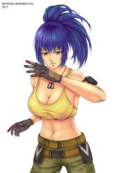  1girl blue_eyes blue_hair breasts cleavage dog_tags highres ktovhinao large_breasts leona_heidern long_hair midriff navel ponytail sideboob solo the_king_of_fighters  rating:Questionable score:17 user:jojosstand