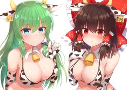 2girls :o animal_ears animal_print bare_shoulders bell bikini blue_eyes blush bow breasts brown_hair cleavage closed_mouth collarbone commentary_request cow_ears cow_horns cow_print detached_collar ear_tag elbow_gloves frilled_hair_tubes frills frog_hair_ornament gloves green_hair hair_between_eyes hair_bow hair_ornament hair_tubes hakurei_reimu highres horns kochiya_sanae large_breasts long_hair looking_at_viewer multiple_girls red_bow red_eyes sidelocks simple_background smile snake_hair_ornament strap_pull sweat swimsuit tksand touhou upper_body very_long_hair white_background white_gloves rating:Sensitive score:52 user:danbooru