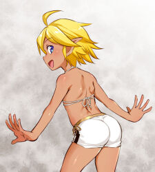 1girl ahoge aura_bella_fiora blonde_hair blue_eyes blush elf funnyari loli looking_at_viewer looking_back male_swimwear open_mouth overlord_(maruyama) pointy_ears reverse_trap short_hair shorts shoulder_blaass simple_background smile solo swim_trunks white_shorts 