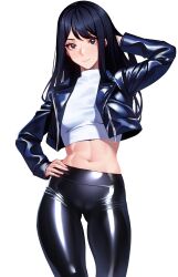  1girl abs black_eyes black_hair black_jacket cowboy_shot highres jacket leather leather_jacket leggings long_hair looking_at_viewer midriff navel open_clothes open_jacket original shirt simple_background smile solo volyz white_background white_shirt 