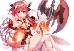 1girl absurdres axe black_bow bow breasts closed_mouth crossed_legs date_a_live dress fire floating_hair hair_between_eyes hair_bow highres horns huge_filesize itsuka_kotori long_hair looking_at_viewer off-shoulder_dress off_shoulder outstretched_arms red_eyes red_hair sitting small_breasts smile solo sparkle ttopang twintails very_long_hair white_dress rating:Sensitive score:4 user:danbooru
