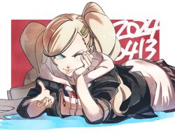 1girl 2024 :p blonde_hair blue_eyes border commentary dated hair_ornament hairclip hood hoodie kuga_hotaru long_hair lying on_stomach one_eye_closed outside_border parted_bangs persona persona_5 red_background simple_background solo swept_bangs takamaki_anne tongue tongue_out twintails white_border white_hoodie  rating:General score:5 user:danbooru