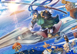 1girl :d black_footwear black_legwear blue_eyes blue_hair box cigar coin day glint goggles goggles_around_neck green_skirt highres holding holding_sword holding_weapon hover_vehicle island jar katana lettter long_hair long_sleeves nagamaki oil_can open_mouth outdoors pixiv_fantasia pixiv_fantasia_age_of_starlight polearm puffy_long_sleeves puffy_sleeves quad_tails scroll seal_(animal) shader_resheda skirt smile sunlight sword takayama_dan very_long_hair water weapon