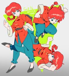 1girl blue_eyes blue_pants braid braided_ponytail chinese_clothes flats full_body highres jumping long_sleeves looking_down multiple_views non-web_source pants ranma-chan ranma_1/2 red_hair red_shirt shirt simple_background solo yo-co