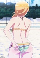  1girl ass beach blonde_hair butt_crack cloud facing_away from_behind harukana_receive highres house outdoors sand screencap sky solo standing stitched third-party_edit thomas_emily 