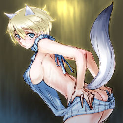  10s 1girl animal_ears ass backless_dress backless_outfit bare_back blonde_hair blue_eyes brave_witches breasts butt_crack dress hands_on_own_hips hayami_yuujirou highres large_breasts meme_attire naked_sweater nikka_edvardine_katajainen ribbed_sweater short_hair sideboob solo sweater sweater_dress tail turtleneck turtleneck_sweater virgin_killer_sweater world_witches_series  rating:Questionable score:22 user:danbooru