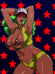  1girl armpits arms_up bikini bikini_top_only bracelet breasts brown_eyes cleavage covered_erect_nipples curvy dark-skinned_female dark_skin eyeshadow ganto green_hair hat hip_focus huge_breasts jewelry lips long_hair makeup micro_bikini micro_bikini_top navel navel_piercing original piercing red_eyes short_shorts shorts sideboob simple_background solo sweat swimsuit thick_thighs thighs underboob wide_hips  rating:Questionable score:84 user:duratote