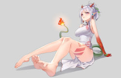  1girl absurdres arknights barefoot blush chinese_clothes dragon_horns feet highres horns long_hair looking_at_viewer nian_(arknights) parted_lips pointy_ears purple_eyes silver_hair soles tail toes  rating:Sensitive score:27 user:ssfl
