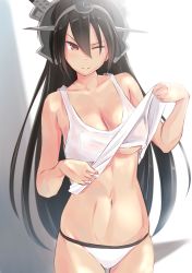10s 1girl black_hair blush breasts cleavage headgear highres kantai_collection large_breasts long_hair nagato_(kancolle) navel one_eye_closed panties red_eyes solo tank_top underwear underwear_only wa_(genryusui) white_panties rating:Questionable score:55 user:danbooru