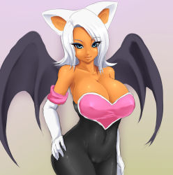  1girl animal_ears bare_shoulders bat_ears bat_wings black_pantyhose blue_eyes bodysuit breasts cameltoe catsuit cleavage cleft_of_venus covered_erect_nipples curvy dark-skinned_female dark_skin elbow_gloves eyeshadow gloves hand_on_own_hip hands_on_own_hips hip_focus homura_(haku89) huge_breasts humanization makeup navel pantyhose personification rouge_the_bat short_hair simple_background smile solo sonic_(series) white_hair wide_hips wings  rating:Questionable score:371 user:Draq