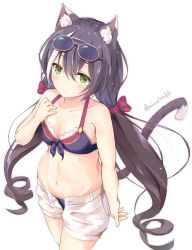 1girl animal_ear_fluff animal_ears bare_arms bare_shoulders bikini black_bikini blush bow brown_hair cat_ears cat_girl cat_tail collarbone commentary_request eyewear_on_head fingernails green_eyes hair_between_eyes hair_bow hand_up highres karyl_(princess_connect!) karyl_(summer)_(princess_connect!) long_hair low_twintails minazuki_mizu multicolored_hair navel open_clothes open_fly open_shorts princess_connect! red_bow short_shorts shorts simple_background solo streaked_hair sunglasses swimsuit tail twintails twitter_username very_long_hair white_background white_hair white_shorts rating:Sensitive score:12 user:danbooru