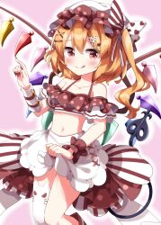  1girl apron blonde_hair bow crystal_wings feet_out_of_frame fingernails flandre_scarlet half-dress heart_ribbon highres internet_survivor laevatein_(tail) midriff multicolored_bow multicolored_wings nail_polish polka_dot polka_dot_headwear polka_dot_shirt polka_dot_skirt red_eyes red_nails red_skirt ruu_(tksymkw) shirt side_ponytail single_thighhigh skirt solo tail thighhighs tongue tongue_out touhou white_apron white_skirt wings 