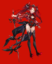  1girl black_horns black_tail black_thighhighs commentary diamond_pattern english_commentary gradient_horns grin high_heels highres horn_ornament horns leotard long_hair looking_at_viewer multicolored_horns original pointy_ears red_background red_footwear red_hair red_theme redjuice see-through see-through_sleeves sharp_teeth short_eyebrows shrug_(clothing) simple_background smile solo sword teeth thick_eyebrows thighhighs tiara twintails very_long_hair weapon yellow_eyes 