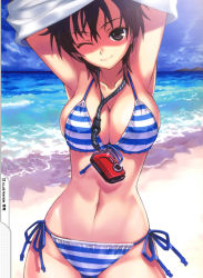  1girl armpits arms_up bare_shoulders beach bikini breasts brown_eyes brown_hair camera character_request cleavage clothes_lift cropped day front-tie_top highres large_breasts light_smile looking_at_viewer matsuryuu navel ocean one_eye_closed outdoors shirt_lift short_hair side-tie_bikini_bottom smile solo striped_bikini striped_clothes swimsuit undressing water wink  rating:Sensitive score:81 user:danbooru