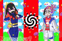  1boy 1brad 1girl black_eyes black_hair brother_and_sister carmine_(pokemon) channel_(_caststation)_(style) clenched_hands confetti creatures_(company) dress food game_freak gloves hairband hypnosis jacket kieran_(pokemon) long_sleeves mesmerizer_(vocaloid) mind_control mochi mole mole_on_neck mole_under_eye nintendo open_clothes open_jacket open_mouth pants parody pokemon pokemon_sv purple_dress purple_eyes red_hair shaded_face sharp_teeth shorts siblings single_glove sweat tank_top teeth yellow_eyes 