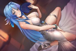 bare_shoulders blue_eyes blue_hair bracelet breasts cleavage cocktail_dress dress feather_hair_ornament goddess_of_victory:_nikke hair_between_eyes hair_intakes hair_ornament hand_fan helm_(chandelier)_(nikke) helm_(nikke) high_heels holding holding_fan jewelry kneeling large_breasts long_hair necklace official_alternate_costume syde_b thighlet white_dress