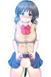  1girl black_hair blue_eyes blush breasts censored clothes_lift cucumber embarrassed female_focus food large_breasts object_insertion original pizzafatboy pussy ribbon school_uniform simple_background skirt skirt_lift solo standing twintails vegetable white_background 