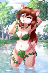  1girl :p alfa995 animal_ears arm_behind_head armlet arms_up artist_name breasts brown_eyes brown_fur brown_hair cloud cloudy_sky cowboy_shot deer_ears deer_girl deer_tail doe_(alfa995) flower forest furry furry_female hair_over_eyes hand_on_own_face heart heart-shaped_pupils highres leaf leaf_bikini leaf_necklace long_hair medium_breasts nature navel one_eye_closed original partially_submerged pond sky solo summer symbol-shaped_pupils tail thighlet tongue tongue_out tree two-tone_fur water white_fur 
