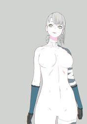  1girl bandaged_arm bandaged_leg bandages black_gloves braid breasts closed_mouth d.k gloves kaine_(nier) large_breasts looking_at_viewer nier nier_(series) short_hair simple_background solo white_hair yellow_eyes 
