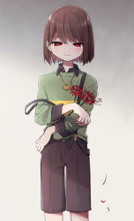  1other black_shirt blush brown_background brown_hair brown_shorts buttons chara_(undertale) collared_shirt commentary_request flower gradient_background green_sweater grey_background hair_behind_ear half-closed_eyes heart heart_necklace highres holding holding_flower jewelry leftporygon lips long_sleeves looking_at_flowers necklace red_eyes red_flower shirt short_hair shorts smile solo standing straight-on striped_clothes striped_sweater suspender_shorts suspenders suspenders_slip sweater undertale yellow_sweater 