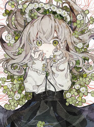  1girl absurdres bandaid bandaid_on_hand black_skirt bolo_tie brooch buttons clover clover_(flower) collared_shirt commentary_request empty_eyes flower flower_wreath four-leaf_clover from_above gem green_eyes green_gemstone grey_hair hair_between_eyes hands_on_own_cheeks hands_on_own_face head_wreath high-waist_skirt highres jewelry long_hair long_sleeves looking_at_viewer lying on_back original shirt simple_background skirt sleeves_past_wrists solo soresaki string string_around_finger string_of_fate very_long_hair white_background white_flower white_shirt 