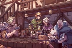 3boys armor bar_(place) barrel belt blonde_hair blush braid candle capelet card cheese cup earrings ezreal fingerless_gloves food gambling gloves hand_on_own_face holding holding_card hood hood_up indoors jewelry lantern league_of_legends long_hair male_focus mouse mouse_(animal) multiple_boys necklace pauldrons playing_card playing_games shirt short_hair shoulder_armor sitting stairs sweatdrop table talon_(league_of_legends) talon_blackwood tankard taric taric_luminshield tongue tongue_out twitch_(league_of_legends) twitch_shadowfoot undercut wenny02 white_hair window