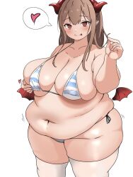  1girl :p bat_wings belly big_belly bikini breasts brown_hair covered_erect_nipples demon_horns fat fat_rolls heart highres horns large_breasts low_wings navel obese original red_eyes side-tie_bikini_bottom solo striped_bikini striped_clothes swimsuit thick_thighs thighhighs thighs tongue tongue_out usagirin white_thighhighs wings 