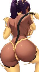  1girl absurdres animal_ears artist_name ass bikini bleach bleach:_sennen_kessen-hen breasts butt_crack cat_tail commentary dark-skinned_female dark_skin edmun6969 elbow_gloves fire from_behind gloves highres large_breasts long_hair looking_at_viewer looking_back partially_visible_vulva ponytail purple_hair shihouin_yoruichi shoulder_blades simple_background smile solo sweat swimsuit tail thighhighs thighs white_background yellow_bikini yellow_eyes yellow_gloves yellow_thighhighs  rating:Questionable score:97 user:danbooru