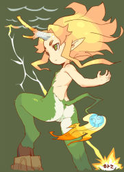  1girl anus big_hair blonde_hair cleft_of_venus fire flame-tipped_tail flat_chest fur green_background green_eyes hooves horns lightning monster_girl nude om_(nk2007) original pointy_ears prostration pussy simple_background single_horn solo tail  rating:Explicit score:50 user:danbooru