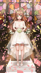  1girl :d absurdres bare_arms bare_shoulders blue_eyes blush breasts bridal_veil bride brown_hair cleavage confetti dress flower girls&#039;_frontline green_eyes hair_between_eyes hair_ornament hairband highres holding holding_flower kian leaf long_hair looking_at_viewer medium_breasts open_mouth rfb_(girls&#039;_frontline) smile solo strapless strapless_dress veil wedding_dress white_dress  rating:Sensitive score:4 user:geoffmyname