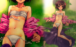 1girl artist_request bandages barefoot blush bow breasts brown_hair character_request collarbone grass green_eyes hair_bow highres loli looking_at_viewer lying navel panties parted_lips sarashi short_hair side-tie_panties small_breasts sweat teeth underwear untied_panties wallpaper white_panties zoom_layer rating:Questionable score:9 user:AlmaNegra