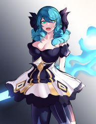 1girl :d ahoge arms_behind_back bad_id bad_pixiv_id black_bow black_pantyhose blue_hair bow breasts cleavage collarbone dress drill_hair glowing glowing_weapon gradient_background green_eyes green_hair gwen_(league_of_legends) hair_bow highres holding large_breasts laughter_(humanscv) league_of_legends long_hair looking_at_viewer open_mouth pantyhose smile solo teeth tongue twin_drills twintails upper_teeth_only weapon rating:Sensitive score:12 user:danbooru